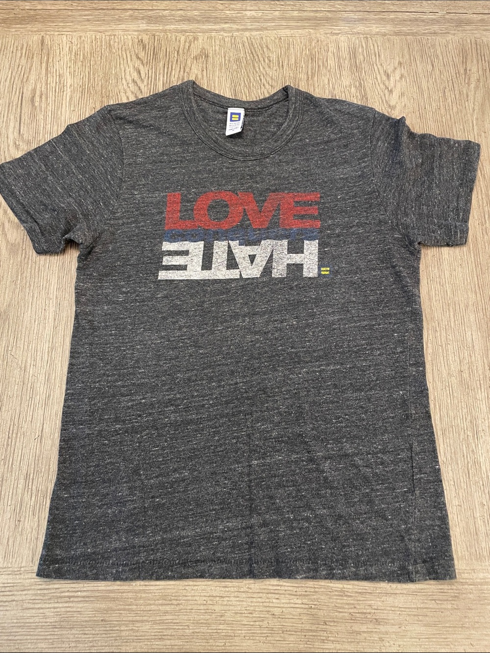 Human Rights Campaign Love Conquers Hate Tshirt, dark grey, super soft, M 18x26